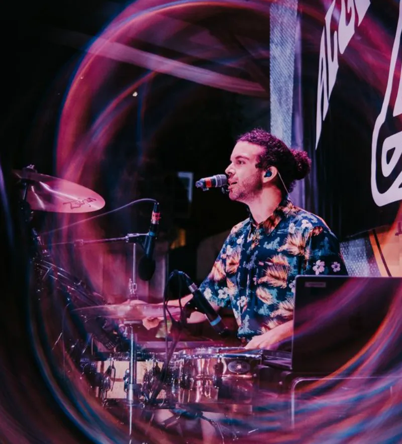 Algorhythm drummer mid-set behind the kit at a live show
